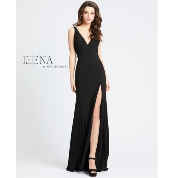 mac duggal plunge neck slit jersey gown